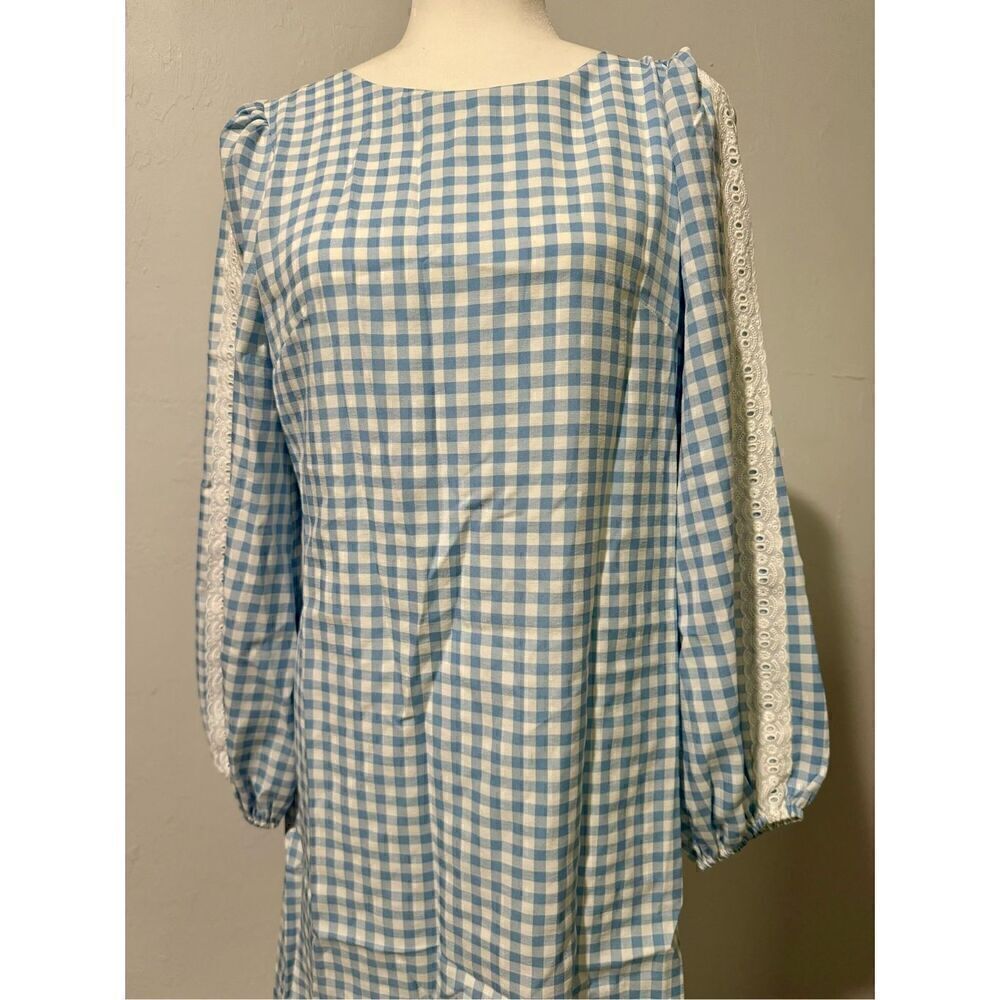 Aura Blue Gingham long sleeve mini dress M - Picture 3 of 10